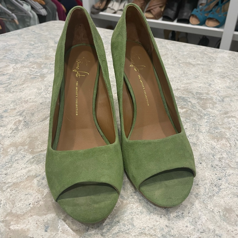 Brand new, never worn suede block heels, open toe